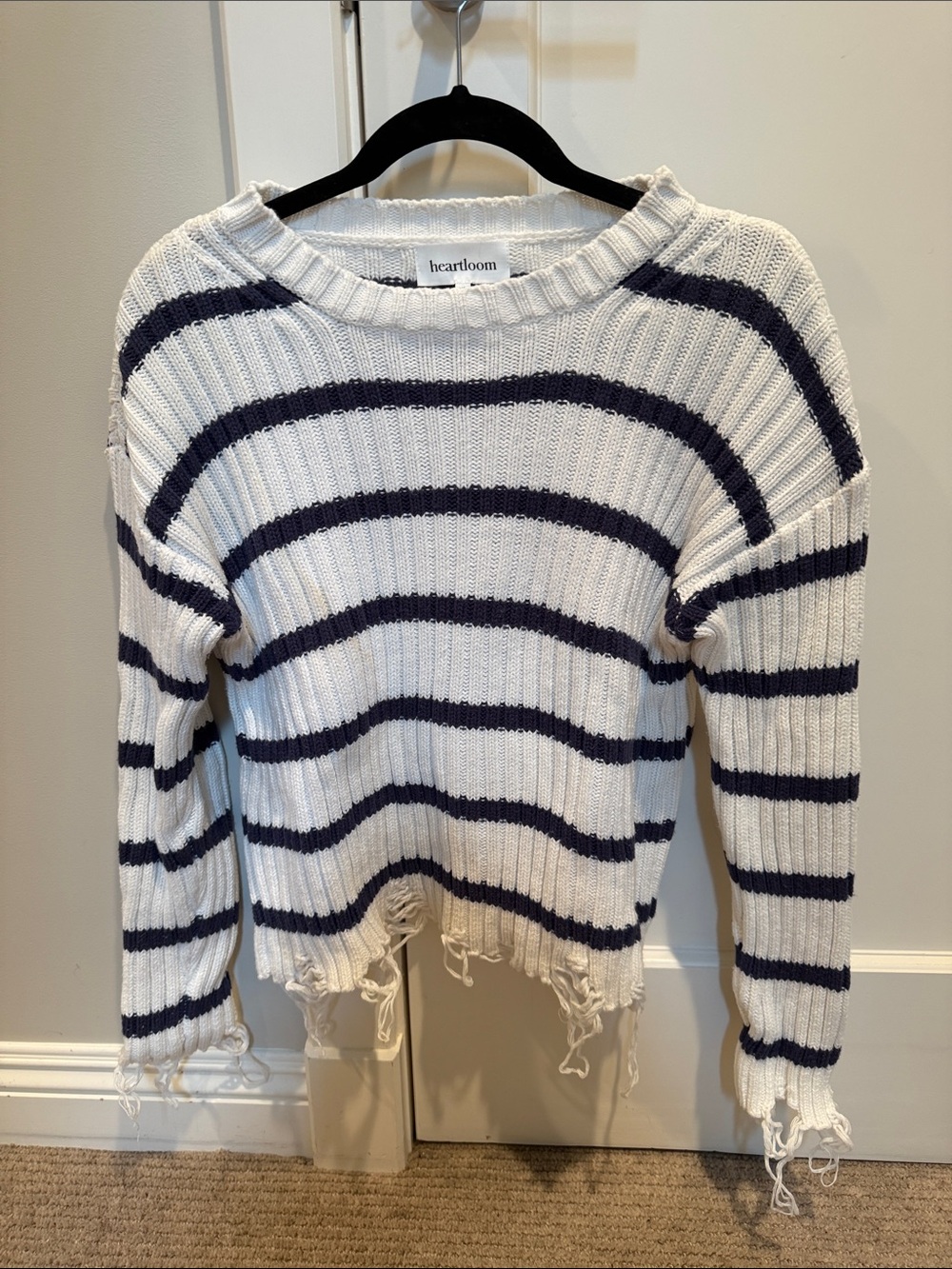 Heartloom White & Navy Striped Distressed Ribbed Sweater
